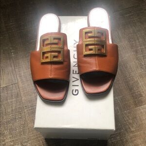 Givenchy Tan Leather Slide Sandals with Gold Emblem